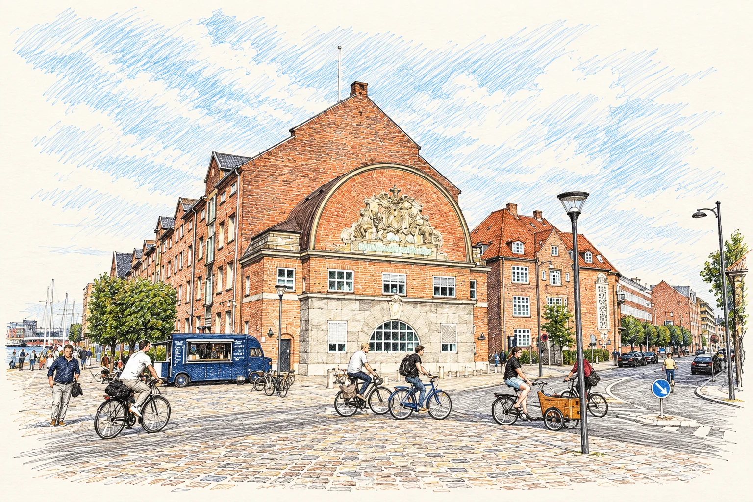 Coloured-pen illustration of a Copenhagen brick building and cyclists